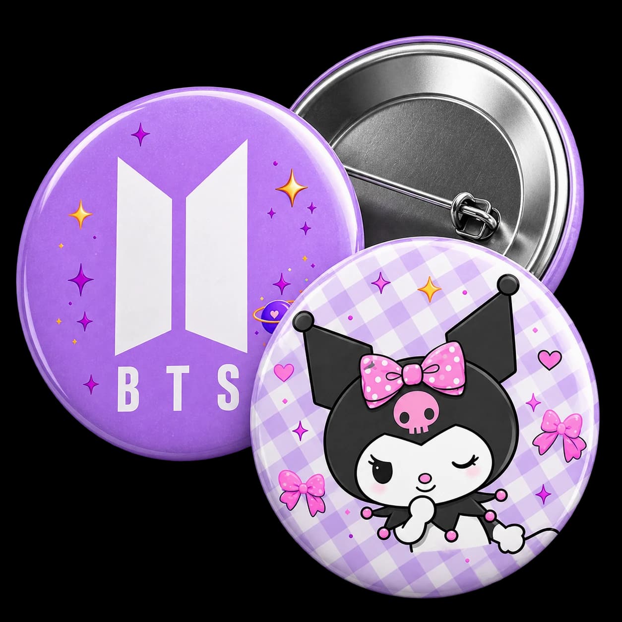 Bottons personalizados mostrando frente e verso