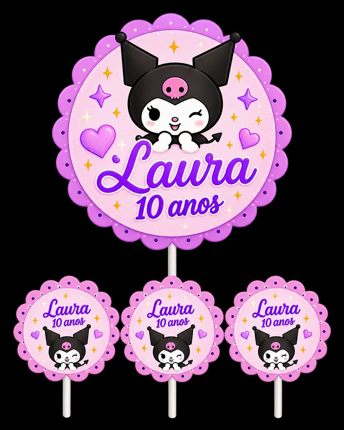 Topo de bolo e tags personalizados para festa